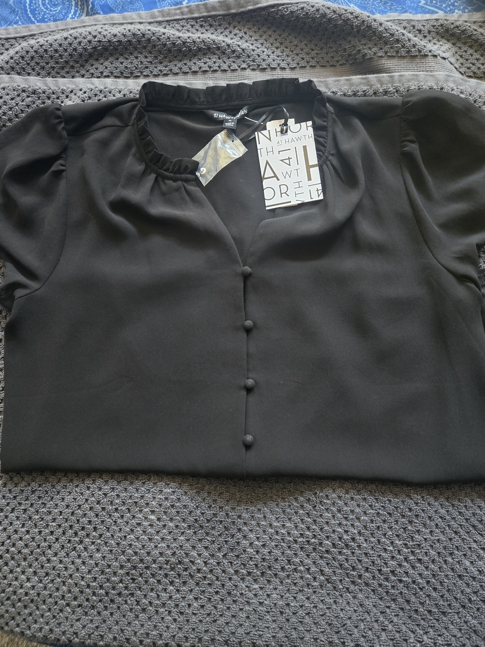 Worthington Black Ruffle-Neck Button Front Women's Top